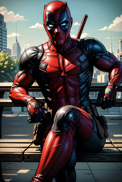 (comic poster), (illustration), (deadpool), (full body), (Photorealistic:1.5), (sitting on a park bench in NYC), looking at viewer, (beautiful detailed background), dramatic, cinematic, highest quality, masterpiece, (empty hands), (colored line art:1.35), crosshatch:0.35, (crossed legs), <lora:Deadpool:0.25>, centered,