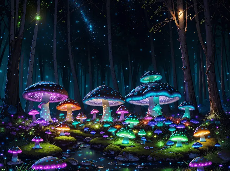 (highly detailed:1.2),(best quality:1.2),8k,sharp focus, (subsurface scattering:1.1)
(glowing magic bioluminescent mushrooms:1.2),psychadelic magic particles inthe air, (neon bioluminescent mushroom forest at night:1.2), (magical fireflies:1.2)
(very detailed trees and rocks and moss:1.2), (highly detailed background:1.3), RPG, Elden Ring style, (fantasy:1.3),(hyperrealistic:1.1), (((night))), cinematic lighting, highly detailed, artstation,smooth, sharp focus, artgerm, greg rutkowski, editor's pickup, trending on artstation, trending on deviantart, wlop, (contrast:0.4), <lora:offset_noise_lora:0.5>