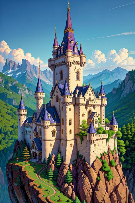A forbidden castle high up in the mountains, pixel art, (intricate details:1.12), hdr, (intricate details, hyperdetailed:1.15), (natural skin texture, hyperrealism, soft light, sharp:1.2), (no people|no humans),