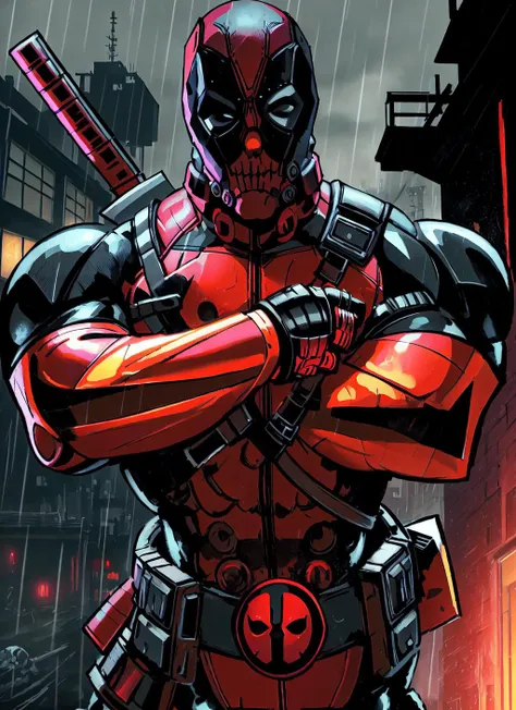 ((gorepunk)),(cyborg deadpool:1.2) in the rain, (skull face mask:1.2),  muscular,  dark rainy night, dark cityscape ((masterpiece)), (best quality), HDR, detailed background, jim lee