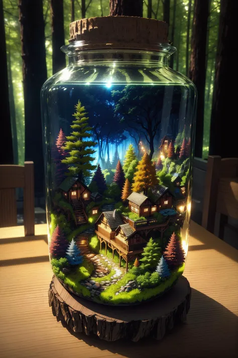 (An intricate forest minitown landscape trapped in a bottle), atmospheric oliva lighting, on the  table, 4k UHD, dark vibes, hyper detailed, vibrant colours, epic composition, octane render, sharp focus, high resolution isometric