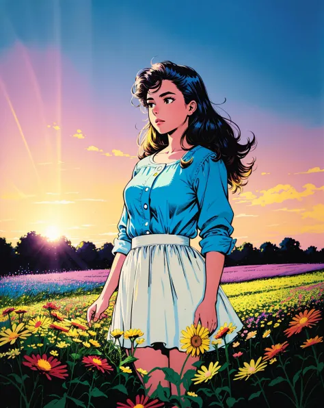 analog proto, (comic illustration:1.2) beautiful young girl standing in a field of colourful flowers, summer, beautiful lighting, (photorealistic, sharp focus), ultra detailed, closeup