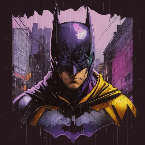 a painting of a batman in the rain, purple color lighting, violet coloured , sad look, by Dan Mumford, 1 9 9 0 s comic book style, dark dull colors, the artist has used bright, night time raid, , by Wyke Bayliss, ((masterpiece)), (best quality), HDR