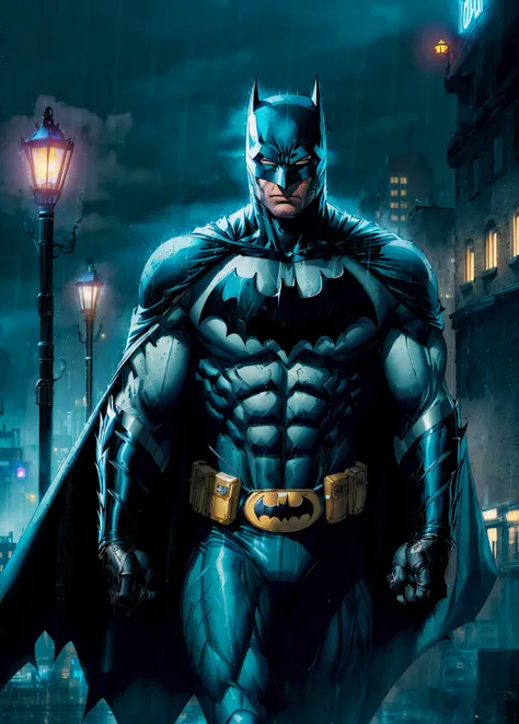 1boy, dark scene, (cowboy shot of batman), athletic, white eyes, no pupils, night city, (mist), particles, light rain, male focus, mask, muscular, muscular male, ragged and torn cape, night, outdoors, rain, serious, dark atmosphere, detailed background, jim lee, ((empty hands)),