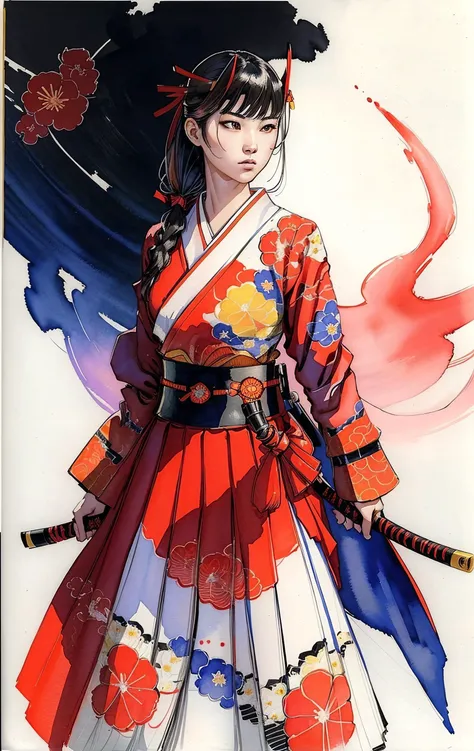 (cowboy shot),((girl)), samurai, warrior, proud, (traditional_media,illustration:1.5), (realistic:1.1), long flowing hair, flowers in hair, kimono, beautiful face, (one katana on hip), (medium_breasts), (oni), (2 horns:1.0), (detailed_eyes), fighting_pose, (masterpiece, detailed, highres, cinematic, atmospheric:1.4), (hotify:0.75), good highlights, good shading, high quality, masterwork, good anatomy, good composition, good proportions, painterly, (watercolor floral background:1.1), <lora:FeiyufuCoolChineseMing_feiyufuV10:0.6>, monochrome:0.07, (mature adult:1.0)