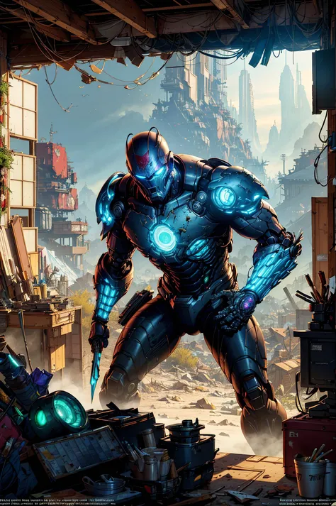 Wide angle Environmental shot in a cluttered and messy shack , action shot, tattered torn shirt, porcelain cracked skin, league of legends, vibrant, photo realistic, realistic, dramatic, dark, sharp focus, 8k."Robot destroyed to pieces with glowing yelow visor as a realistic scifi cyberpunk knight, medium shot, intricate,unreal engine, cozy indoor lighting, artstation, detailed, "james gurney, katsuhiro otomo, james paick, cinematic lighting, vibrant nature, Craig Mullins, Greg Rutkowski, Pete Morbacher, Tuomas Korpi, tekkon kinreet, volumetric light, trending on artstation, octane rendering.", trending on artstation, sharp focus, studio photo, intricate details, highly detailed, by greg rutkowski