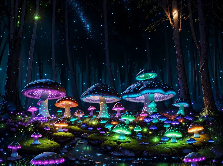 (highly detailed:1.2),(best quality:1.2),8k,sharp focus, (subsurface scattering:1.1)
(glowing magic bioluminescent mushrooms:1.2),psychadelic magic particles inthe air,  (neon bioluminescent mushroom forest at night:1.2), (magical fireflies:1.2)
(very detailed trees and rocks and moss:1.2), (highly detailed background:1.3), RPG, Elden Ring style, (fantasy:1.3),(hyperrealistic:1.1), (((night))), cinematic lighting, highly detailed, artstation,smooth, sharp focus, artgerm, greg rutkowski, editor's pickup, trending on artstation, trending on deviantart, wlop, (contrast:0.4), <lora:offset_noise_lora:0.5>