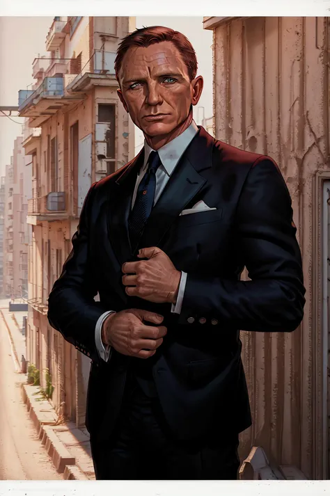 (comic style poster:0.5),(realistic:0.75), (high angle:0.15), man 007danielcraig  <lora:007DanielCraig_v10:0.9> wearing a tuxedo, in Havana by lee jeffries nikon d850 film stock photograph 4 kodak portra 400 camera f1.6 lens rich colors hyper realistic lifelike texture dramatic lighting unreal engine trending on artstation cinestill 800, ((empty hands))