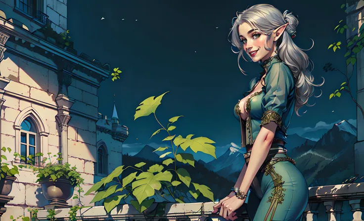 masterpiece, (illustration:0.5), (realistic:1.5), best quality, (smile:1.3) (1girl:2.0), (solo:2.0), cleavage, green eyes, leaf, long hair, looking at viewer, plant, elf, silver hair, smile, solo, vines, (standing on balcony looking out), forest, sky, mountain, (castle on the mountain:1.3), ((standing upright)), centered:0.25, (solo:2.0),(big tits)