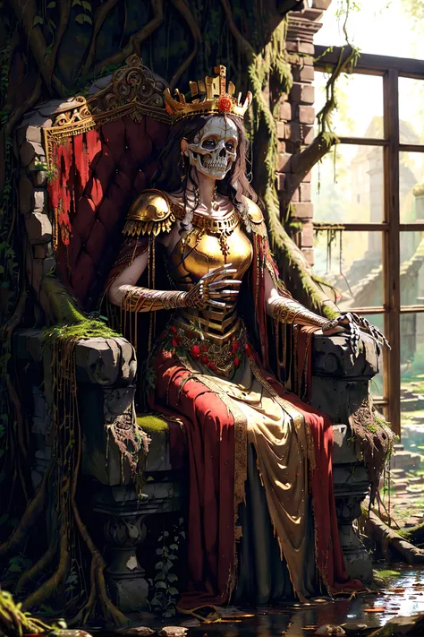 An ancient skeleton queen with a gold crown wearing a suit of rusty armor, a huge RootsBranchesAI flowering tree growing up out of her grand throne draped with red velvet, inside the ruins of a medieval stone throneroom over_grown with vines and moss.
Dripping water, rubble, loose stone blocks, ruins, light rays.
best quality, highres, high resolution, sharp focus, high detail, cinematic shadow.
<lora:LowRA:0.3> <lora:RootsBranchesAIv5:0.7> <lora:OvergrownCity:0.7>