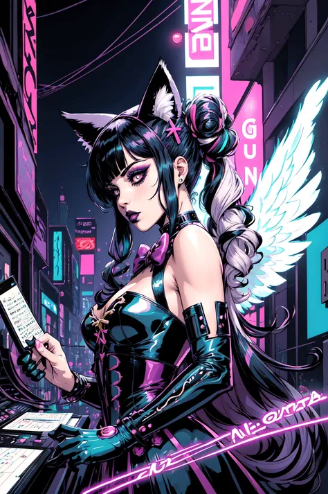 (comic style), (colored line art:1.5), ultra detailed, beautiful and aesthetic, masterpiece, best quality, ,1girl, gothic, black lips, solo, black hair, makeup, twin tails, hair buns, multicolored hair, white hair, bangs, eyeshadow, cross, hair bow, bow, lipstick, two-tone hair, magical girl outfit, ethereal, cat ears, animal ears, angel wings, the most beautiful form of chaos, elegant, (cyberpunk), (fantasy), best illustration,romanticism, atmospheric, ecstasy of musical notes, streaming musical notes visible