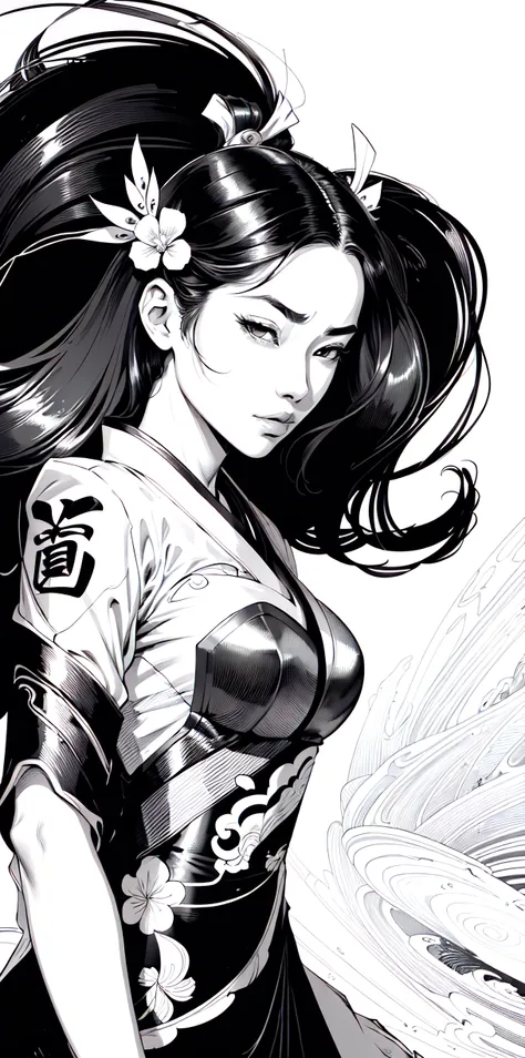 (comic style), (line art:1.5), (1girl:1.3), ((black and white)), hanfu, geisha, ((zen)), (masterpiece, top quality, best quality), extreme detailed background, good composition, good anatomy, perfect lighting, good shading, zen calligraphy, (realistic:1.3),