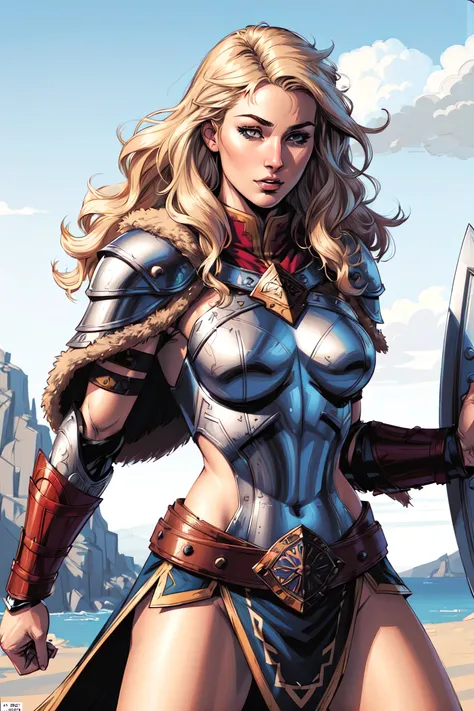 (comic style:1.5), (line art:1.35), ((full torso)), beautiful woman, viking warrior, fur cloak, armor, blonde hair, wavy hair, (solo), realistic, depth of field, dynamic pose, highest quality, (realistic:0.6)