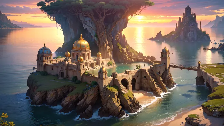 (8k, RAW photo, best quality, masterpiece:1.25), (realistic, photo-realistic:1.45), octane render, ultra high res, ultra-detailed, intricate, professional lighting, photon mapping, radiosity, physically-based rendering, ue5, ((island sanctuary)), ((ancient kingdom)), (reflections in water), ((raytracing)), ((drowned city)), (good architecture, realistic architecture), (good composition), (golden hour), (beautiful sky), cinematic camera angle, <lora:booscapes:0.33>, golden ratio:0.55,