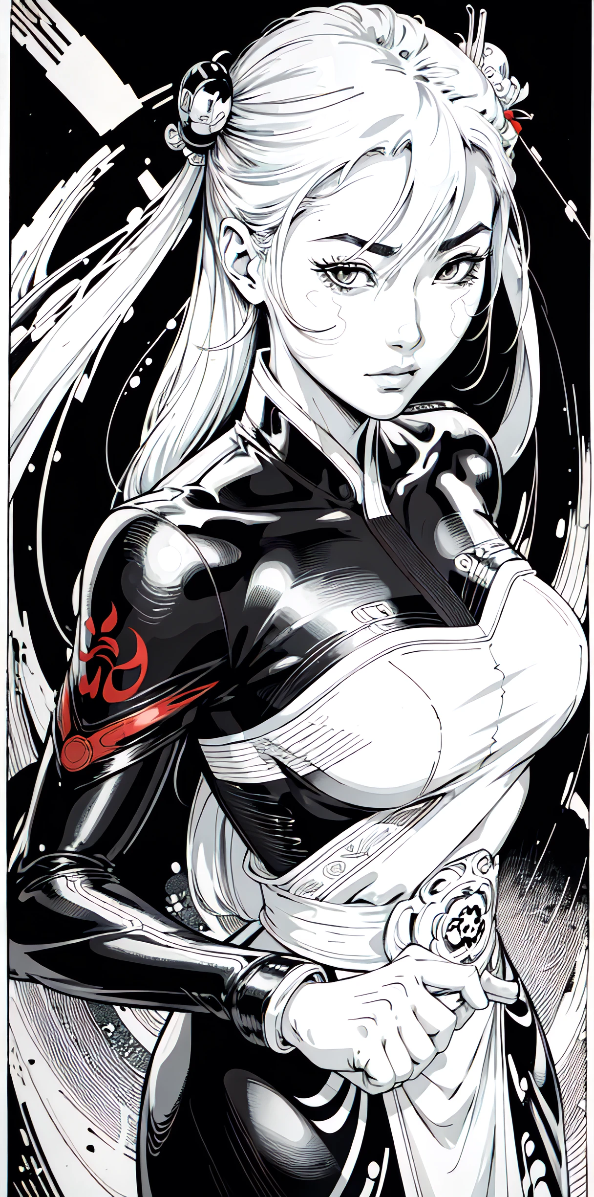 (comic style), (colored line art:1.5), (1girl:1.3), ((black and white)), hanfu, geisha, ((zen)), (masterpiece, top quality, best quality), extreme detailed background, good composition, good anatomy, perfect lighting, good shading, zen calligraphy, (realistic:1.3),