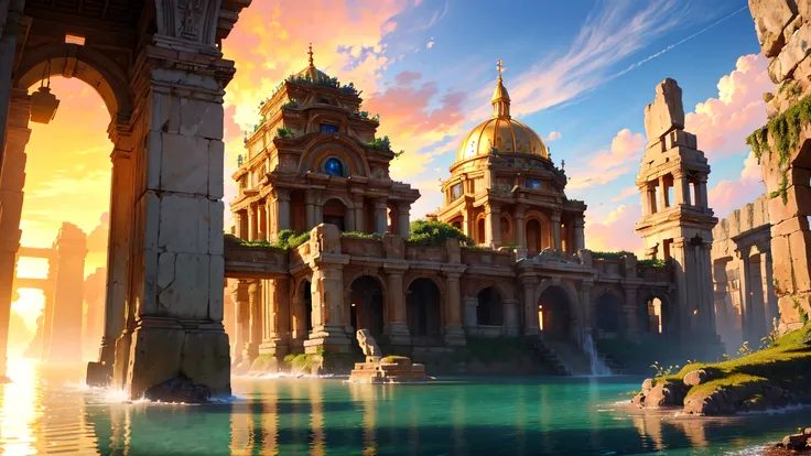 (8k, RAW photo, best quality, masterpiece:1.25), (realistic, photo-realistic:1.45), octane render, ultra high res, ultra-detailed, intricate, professional lighting, photon mapping, radiosity, physically-based rendering, ue5, ((island sanctuary)), ((ancient kingdom)), (reflections in water), ((raytracing)), ((drowned city)), (good architecture, realistic architecture), (good composition), (golden hour), (beautiful sky), cinematic camera angle, <lora:booscapes:0.33>, golden ratio:0.55,