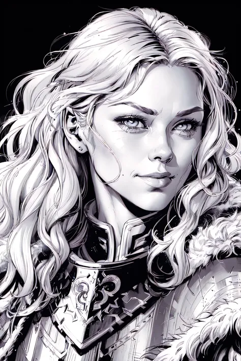 (comic style:1.5), (line art:1.5), beautiful woman, viking warrior, fur cloak, armor, blonde hair, wavy hair, (closeup, portrait shot), (solo), realistic, depth of field, (realistic:0.6)