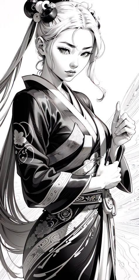 (comic style), (line art:1.5), (1girl:1.3), ((black and white)), hanfu, geisha, ((zen)), (masterpiece, top quality, best quality), extreme detailed background, good composition, good anatomy, perfect lighting, good shading, zen calligraphy, (realistic:1.3),