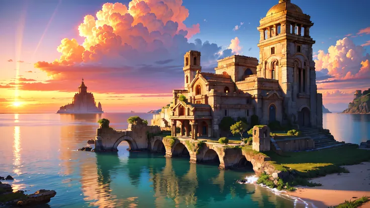 (8k, RAW photo, best quality, masterpiece:1.25), (realistic, photo-realistic:1.45), octane render, ultra high res, ultra-detailed, intricate, professional lighting, photon mapping, radiosity, physically-based rendering, ue5, ((island sanctuary)), ((ancient kingdom)), (reflections in water), ((raytracing)), ((drowned city)), (good architecture, realistic architecture), (good composition), (golden hour), (beautiful sky), cinematic camera angle, <lora:booscapes:0.33>, golden ratio:0.55,