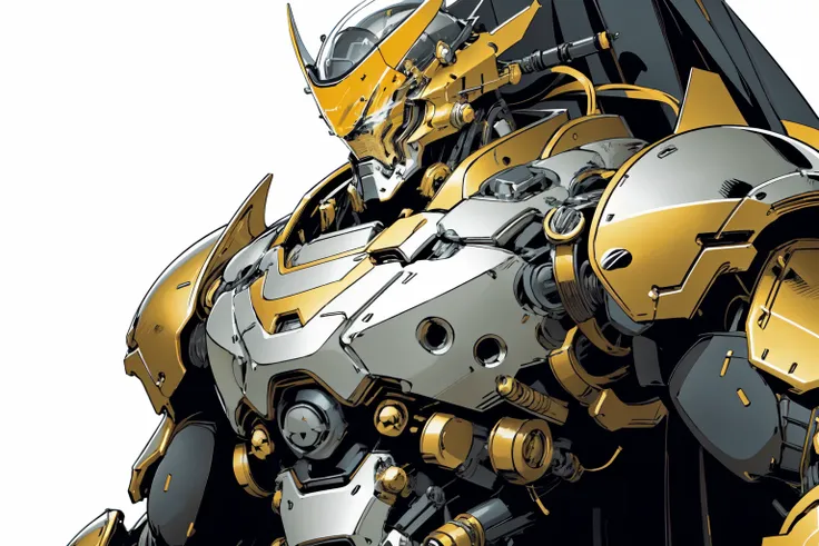 cinematic close up shot,  
masterpiece, best quality,   samurai, helmet,  nihon,japan,  mechanical arms, plastic, golden,  bulky stacked armor, science fiction, capes  ,  mecha, 
ink, simple , clear lines,  abstract, minimalism ,  flat color, ((high contrast)), vector art ,  
   <lora:nijiMecha:0.7>