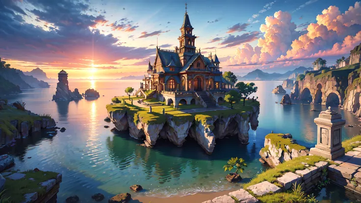 (8k, RAW photo, best quality, masterpiece:1.25), (realistic, photo-realistic:1.45), octane render, ultra high res, ultra-detailed, intricate, professional lighting, photon mapping, radiosity, physically-based rendering, ue5, ((island sanctuary)), ((ancient fallen kingdom)), (reflections in water), ((raytracing)), ((drowned city)), (good architecture), (good composition), (golden hour), (beautiful sky),