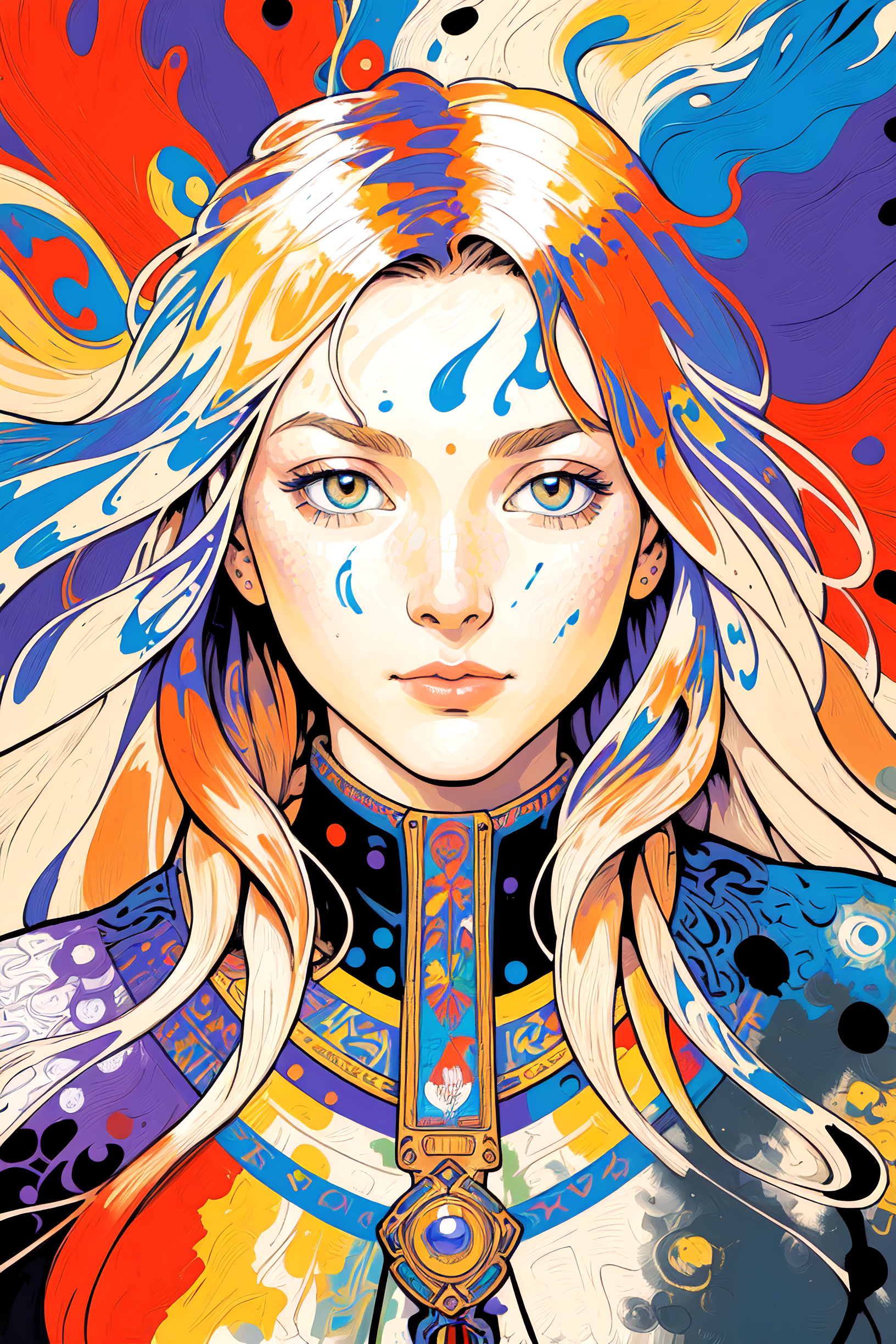 A woman with long blonde hair and a colorful dress - SeaArt AI