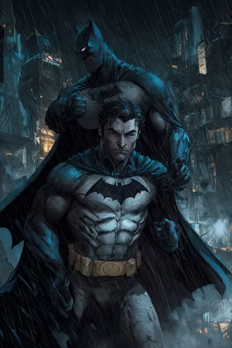 AS-Younger:1.5 1boy, dark scene, illustration (cowboy shot of Hugh Jackman as batman), athletic, white eyes, no pupils, night city, (mist), particles, light rain, male focus, muscular, muscular male, ragged and torn cape, night, outdoors, rain, serious, dark atmosphere, detailed background, ((empty hands)), award winning, masterpiece, realistic:1.35, <lora:lowra_v10:.4> <lora:jimLeeDCComicsMarvel_offset:0.6>