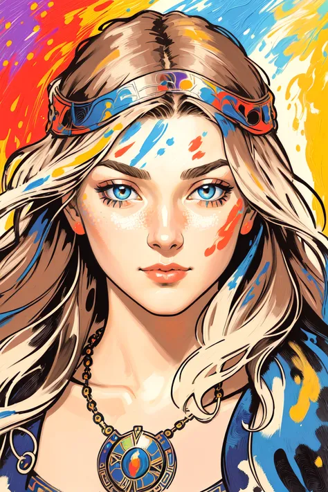 [close up of viking woman's face:abstract background:0.5], extremely detailed face and eyes, explosive pose, expressionism, digital art, colorful background, absurdist, highly detailed, (brush strokes:1.1), (acrylic paint:1.1), (pointillism), muted colors, complimentary colors, by satoshi kon, by alphonse mucha, by raphael, mature adult:1.5,