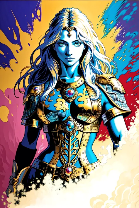 [full torso painting of a viking woman's face:abstract background:0.55], (3/4 view), extremely detailed face and eyes, explosive pose, expressionism, digital art, colorful background, absurdist, highly detailed, (brush strokes:1.2), (acrylic paint:1.1), (pointillism), (muted colors), (complimentary colors), by satoshi kon, by alphonse mucha, by raphael, intricate, detailed, highest quality, masterpiece, mature adult:1.5, realistic:1.23