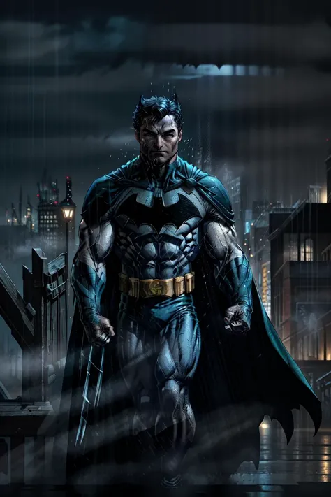 AS-Younger:1.5 1boy, dark scene, illustration (cowboy shot of Hugh Jackman as batman), athletic, white eyes, no pupils, night city, (mist), particles, light rain, male focus, muscular, muscular male, ragged and torn cape, night, outdoors, rain, serious, dark atmosphere, detailed background, ((empty hands)), award winning, masterpiece, realistic:1.35, <lora:lowra_v10:.62> <lora:jimLeeDCComicsMarvel_offset:0.6> <lora:zovyasWetHair_v1:0.7>