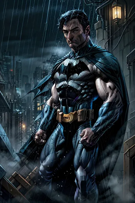 AS-Younger:1 1boy, dark scene, illustration (cowboy shot of Hugh Jackman as batman), athletic, white eyes, no pupils, night city, (mist), particles, light rain, male focus, muscular, muscular male, ragged and torn cape, night, outdoors, rain, serious, dark atmosphere, detailed background, ((empty hands)), award winning, masterpiece, realistic:1.35, <lora:lowra_v10:.3> <lora:jimLeeDCComicsMarvel_offset:.6> <lora:zovyasWetHair_v1:.6>