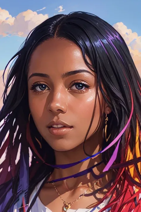 ((black woman)), (chocolate skin)) ((style of 90's vintage anime)), floating female figure made of ribbons, smoke, in the sky, colorful and vibrant, mystical colors, contemporary impressionism, yanjun cheng (portrait painting), iridescent painting, 3/4 perspective view, cute face, low angle, sweeping circling composition, large beautiful crystal eyes, big irises, long iridescent flowing hair, UHD, HDR, 8K, (Masterpiece:1. 5), (the most beautiful portrait in the world:1.5), perfect lighting, (concept art), realistic:1.25,