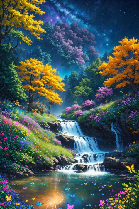 masterpiece, best quality, high quality, extremely detailed cg unity 8k wallpaper, an extremely colorful and purely fantasy environment with vibrant hues and a bright night sky, sky full of stars, landscape of bright green grass, colorful trees, glittering fruits, and bright glowing blue flowers. the streams are a deep shade of black, and the air is filled with sweet exotic scents. the environment appears to be taken out of a dream, with luminescent butterflies and giant colorful birds flying around, award winning photography, bokeh, depth of field, hdr, bloom, chromatic aberration ,photorealistic,extremely detailed, trending on artstation, trending on cgsociety, intricate, high detail, dramatic, art by midjourney