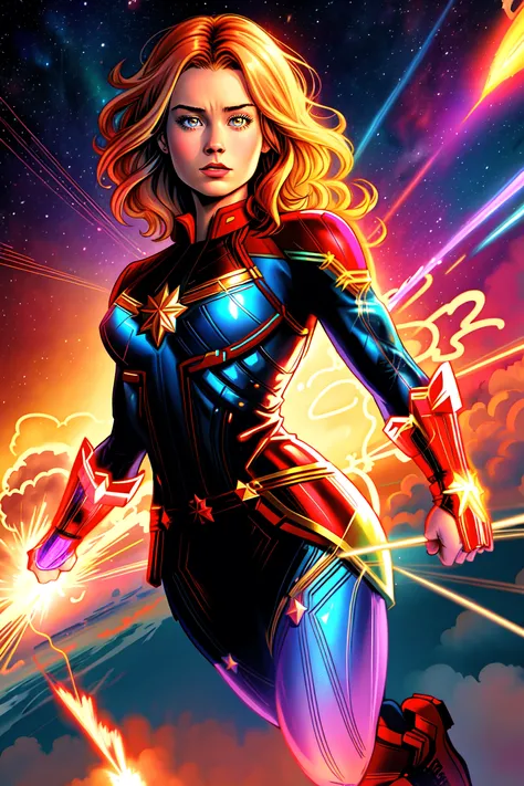 (comic style), (colored line art:1.5), masterpiece, best quality, high quality, extremely detailed cg unity 8k wallpaper, an extremely colorful and purely fantasy environment, good proportions, good anatomy, perfect body, good lighting, (Brie Larson as Captain Marvel flying around the earth),