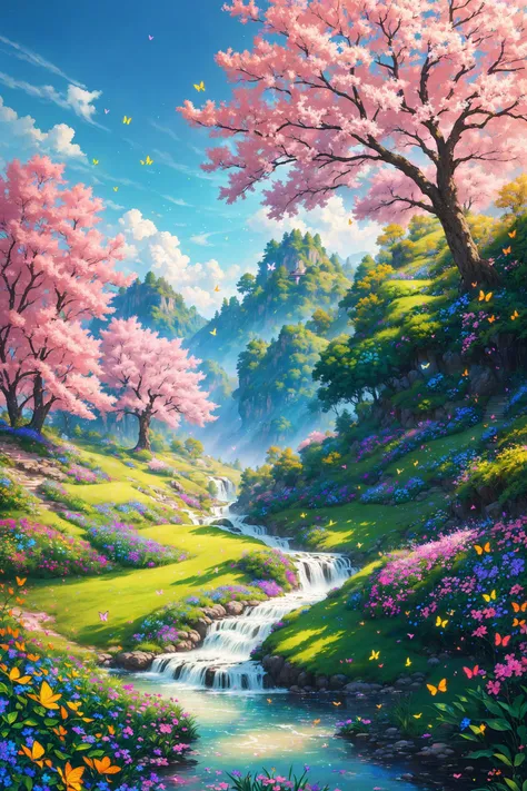 masterpiece, best quality, high quality, extremely detailed cg unity 8k wallpaper, an extremely colorful and purely fantasy environment with vibrant hues and a bright sky, landscape of bright green grass, colorful trees, glittering fruits, and bright blue flowers. the streams are a deep shade of blue, and the air is filled with sweet exotic scents. the environment appears to be taken out of a dream, with luminescent butterflies and giant colorful birds flying around, award winning photography, bokeh, depth of field, hdr, bloom, chromatic aberration ,photorealistic,extremely detailed, trending on artstation, trending on cgsociety, intricate, high detail, dramatic, art by midjourney