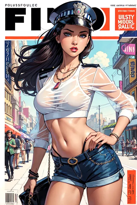 ((((best quality))), (((ultra detailed))), (((masterpiece))), illustration,(Magazine cover-style illustration of a fashionable woman in a vibrant outfit), posing in front of a colorful and dynamic background. She has a confident expression and is holding a statement accessory, The text on the cover should be bold and attention-grabbing, with the title of the magazine and a catchy headline. The overall style should be modern and trendy, with a focus on fashion and lifestyle),
wall paper,crowds,fashion,Lipstick,ray tracing,depth of field, street,in public,day
1girl,solo,looking at viewer, glossy skin, contrapposto, navel, midriff, necklace, female focus,model,medium breasts, ,street,in public,police hat, police uniform, handcuffs,short shorts, arms crossed,
cool, see-through, school uniform,jitome,
,underboob,floating hair, sexy ,fine fabric emphasis, dynamic pose, negative space:0.35, realistic:1.33,