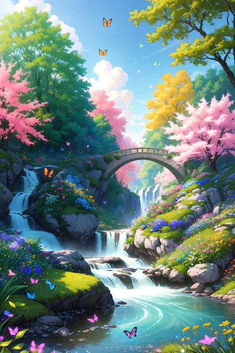 masterpiece, best quality, high quality, extremely detailed cg unity 8k wallpaper, an extremely colorful and purely fantasy environment with vibrant hues and a bright sky, landscape of bright green grass, colorful trees, glittering fruits, and bright blue flowers. the streams are a deep shade of blue, and the air is filled with sweet exotic scents. the environment appears to be taken out of a dream, with luminescent butterflies and giant colorful birds flying around, award winning photography, bokeh, depth of field, hdr, bloom, chromatic aberration ,photorealistic,extremely detailed, trending on artstation, trending on cgsociety, intricate, high detail, dramatic, art by midjourney