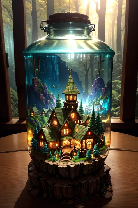 (concept art), (An intricate forest minitown, village, landscape trapped in a bottle), biome, thick glass, weathered, atmospheric oliva lighting, on the table, 4k UHD, dark vibes, hyper detailed, vibrant colours, epic composition, octane render, sharp focus, detailed, intricate, (reflections, refractions, caustics:0.6), (high resolution isometric), 8k, HDR, realistic:1.4,