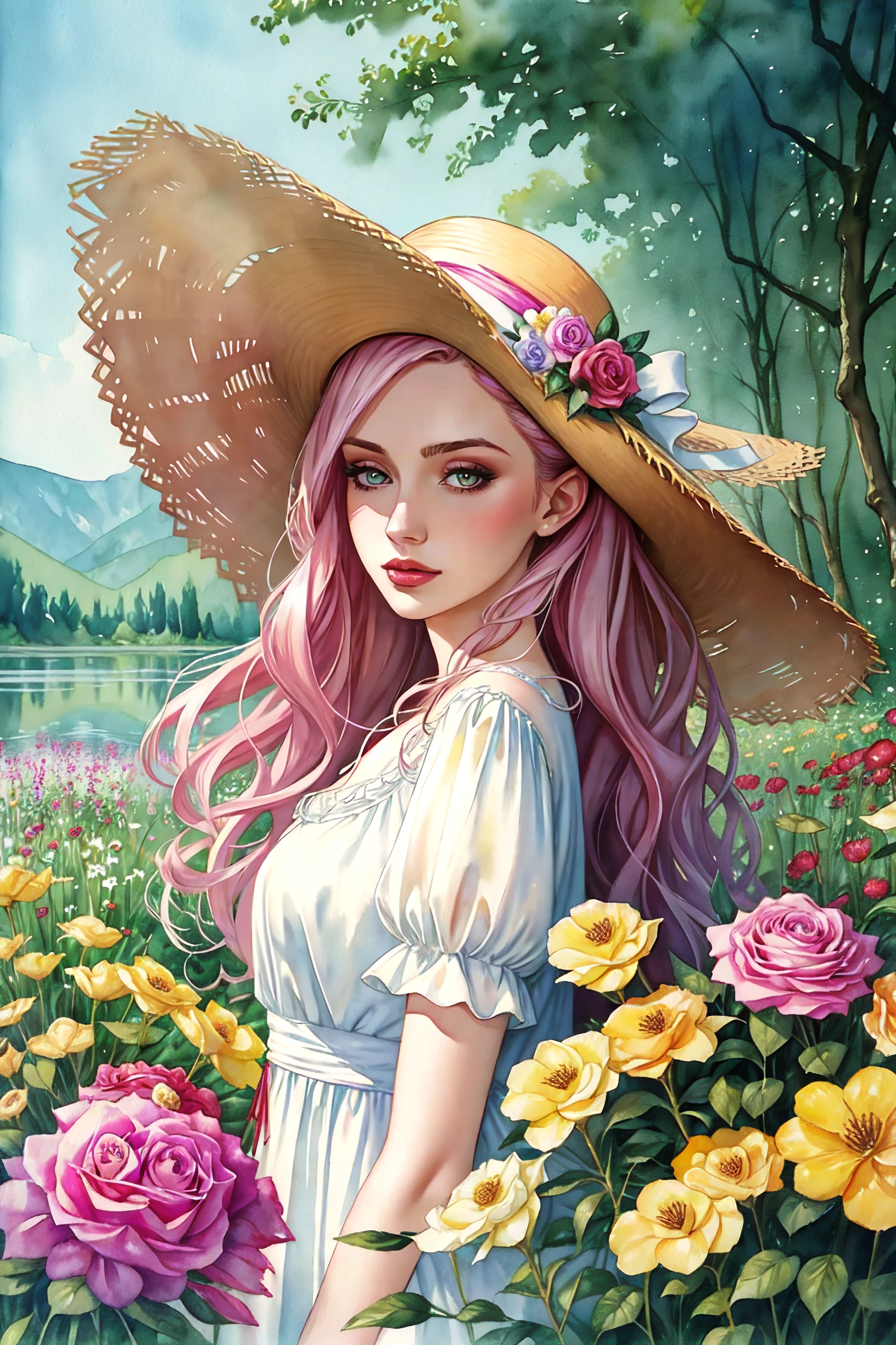 1girl, long hair, pale skin, garden, lake, dress, wide brimmed hat:0.75, large hat, flowers, gorgeous face, eye shadow, detailed background,
artdecor
((watercolor painting, abstract,concept art))
best quality, masterpiece, ultra high res, absurdres, 21 year old girl, mature adult:1.25, realistic:1.25, centered, toned body,
