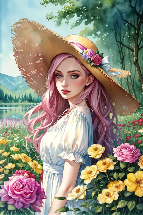 1girl, long hair, pale skin, garden, lake, dress, wide brimmed hat:0.75, large hat, flowers, gorgeous face, eye shadow, detailed background, 
artdecor
((watercolor painting, abstract,concept art))
best quality, masterpiece, ultra high res, absurdres, 21 year old girl, mature adult:1.25, realistic:1.25, centered, toned body,