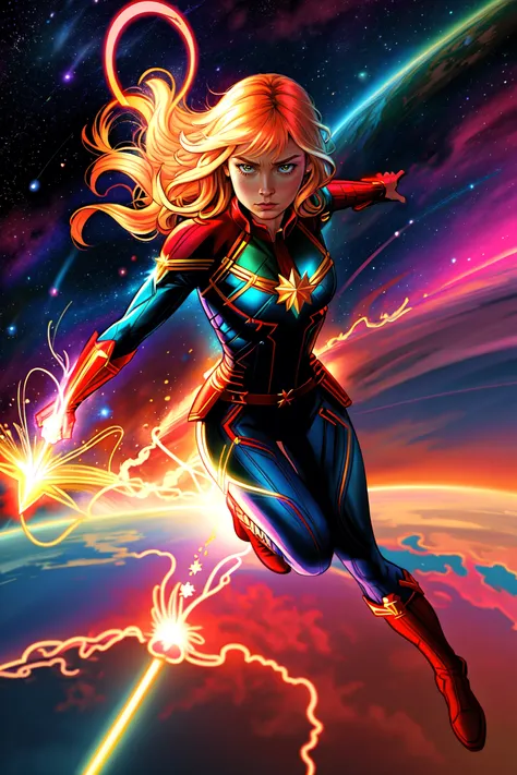 (comic style), (colored line art:1.5), masterpiece, best quality, high quality, extremely detailed cg unity 8k wallpaper, an extremely colorful and purely fantasy environment, good proportions, good anatomy, perfect body, good lighting, (Brie Larson as Captain Marvel flying around the earth), (concerned expression, serious)