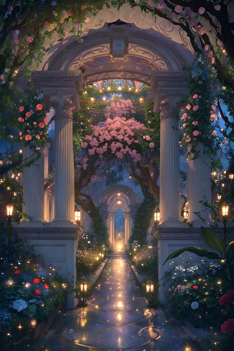 (Illustration:1.3), (secret garden), lush, floral, rose, (botanical), romanticism, moody, space, stars, nebula, beautiful clouds, moon, trellis, lattice, garden, gazebo, (realistic:1.5), (good shading), good architecture, volumetric lighting, cinematic, good architecture, (highest quality, award winning, masterpiece:1.5),