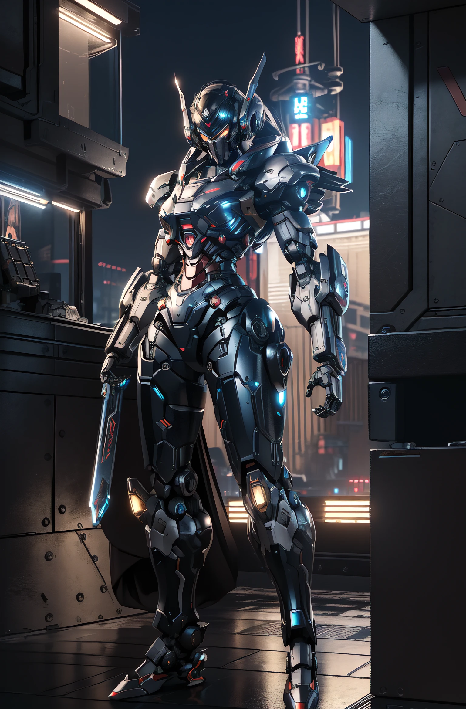 ((best quality)), ((masterpiece:1.2)), (extremely detailed:1.1), (8k, high quality, cinematic, hyper realistic, illustration, letterbox), (autodesk maya, vray render, ray tracing, hdr), (16mm focal length, f/4 aperture, dynamic perspective, deep depth of field), (3D model, full body, (giant female stylized mecha with large glass cockpit and beautiful female inside), standing solo, dynamic pose, brutal robotic armor, stickers, stylized paint scheme, leds, japanese tech, samurai, cyberpunk rooftop background at night), (nighttime), <lora:nijiMecha:0.55>, <lora:3DBoosterHorrid:1>, (hdri:0.35, bloom:0.25, rim lighting, soft lighting, low key), <hypernet:sxzCinematic_500SoftEnough:0.6>, <lora:LowRA_v20:0.75> dark theme:0.66, <lora:Futuristicbot:0.35> futobot <lora:EnvyElegance:0.75> confident, <lora:NijiExpressV2:-0.35> ,<lora:cyberdead_v10:0.25>,<lora:cyberpunk2077ConceptArt_nightcityV115:0.5>