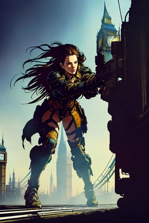 concept art of liv tyler crouching and shooting
by ((Yoji Shinkawa, black and white line art ))
steampunk, london street, Victorian
standing on the big ben
depth of field, negative space, high contrast
(masterpiece, award winning, best quality:1.3),