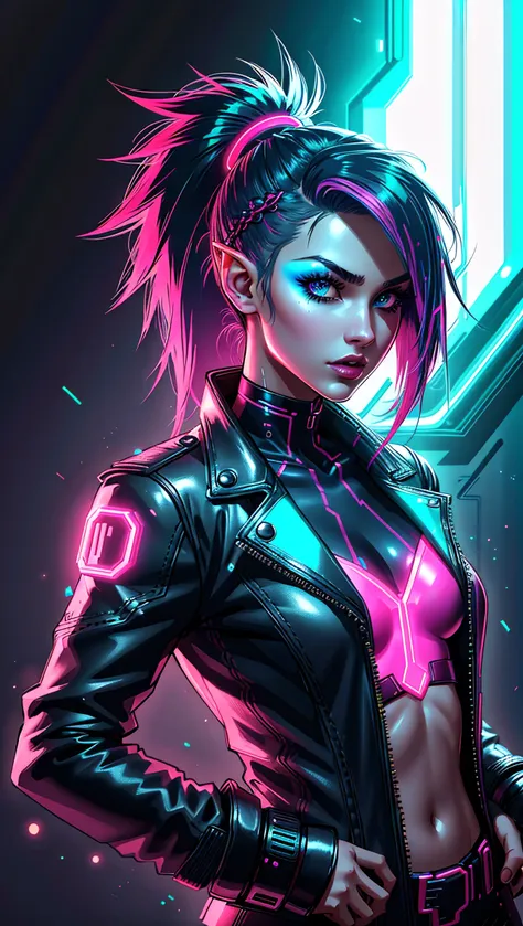 <lora:CyberPunkAI:0.6> CyberpunkAI, neon, 1girl, elf, neon hair, neon eyes, ponytail hairstyle, black leather jacket