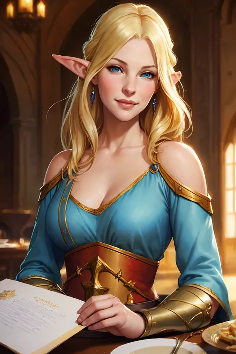 sketch of liv tyler , a gorgeous elven blond blue eyed female warrior with delicate facial features  dress, smiling,  medieval  dinning room 
(masterpiece, award winning, best quality:1.3),
by Krenz Cushart