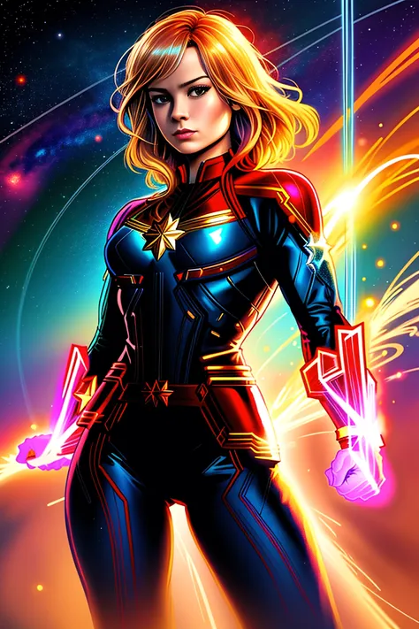 (comic style), (colored line art:1.5), masterpiece, best quality, high quality, extremely detailed cg unity 8k wallpaper, an extremely colorful and purely fantasy environment, good proportions, good anatomy, perfect body, good lighting, (Brie Larson as Captain Marvel flying around the earth), superhero body, mature adult:1.55,