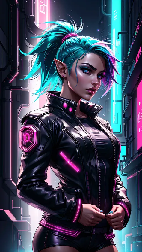 <lora:CyberPunkAI:0.6> CyberpunkAI, neon, 1girl, elf, neon hair, neon eyes, ponytail hairstyle, black leather jacket