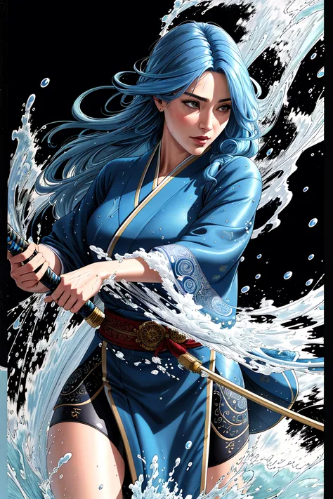 (comic poster), (colored line art:1.5), epic realistic, (close up), 1girl, floating blue_hair, long hair, (swirling water:1.2), waterdrops, wet, holding_katana, beautiful blue kimono, detailed fabric texture, ultra detailed, action pose, cinematic lighting, volumetric light, subsurface scattering, water dancer, (detailed clothing, detailed clothing texture), black_background, surrealist:0.33, mature adult:1.6, (stunning, beautiful, gorgeous, award winning, masterpiece), tai chi, kata, (photorealistic:1.35),