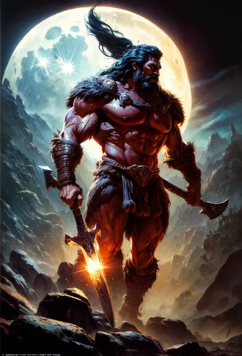 1man, barbarian, warrior, rugged, 1 pauldron, fur and leather armor, angry face, cave over the shoulder view, weathered, long flowing hair, ((one handed axe)), ((full body))
(oil painting:1.4), (Boris Vallejo and Frank Frazetta), moon, moon, monsters, negative space, (photorealistic:1.25)
(comic style), contrapposto, dynamic pose, fantasy poster, detailed face, (intricate, detailed), oiled skin:0.33,
<lora:add_detail:1.1>, volumetric lighting, subsurface scattering, good anatomy, good proportions, (highest quality, award winning, masterpiece:1.45), <lora:UnlimitedBladeWorksV0.3:0.85>